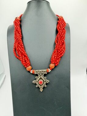 1960's Tibetan Coral Necklace Statement Piece